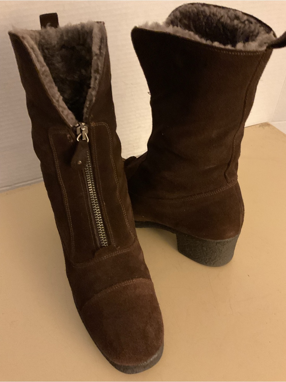 Aquatalia women brown suede shearling platform waterproof heel boots US 7